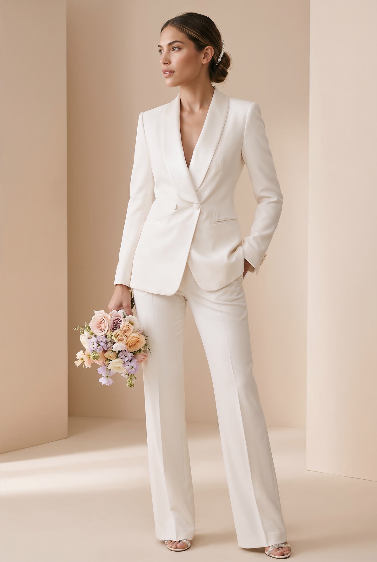 BONDA Ivory Wedding Ceremony Pantsuit with 3/4 Sleeves
