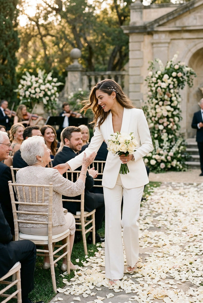 BONDA Ivory Wedding Ceremony Pantsuit with 3/4 Sleeves