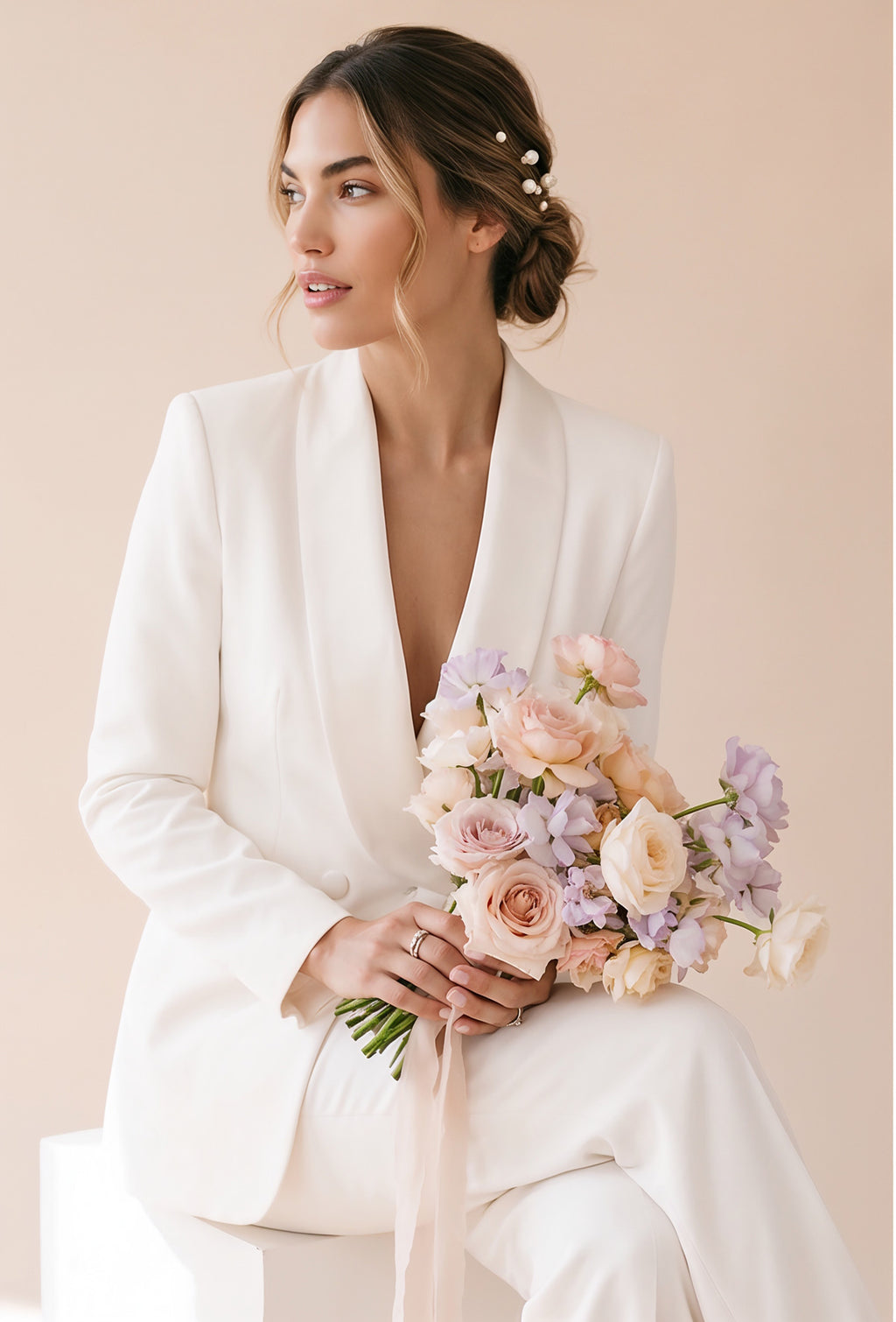 BONDA Ivory Wedding Ceremony Pantsuit with 3/4 Sleeves