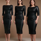 GINGER - black vegan leather sheath dress with sleeves