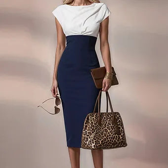 JACKIE - navy / light ivory fitted midi sheath dress