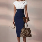 JACKIE - navy / light ivory fitted midi sheath dress