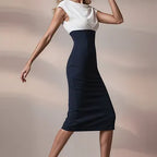 JACKIE - navy / light ivory fitted midi sheath dress