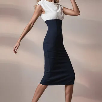 JACKIE - navy / light ivory fitted midi sheath dress