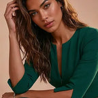 THE AUDRAY - dark green fitted sheath dress with 3/4 sleeves