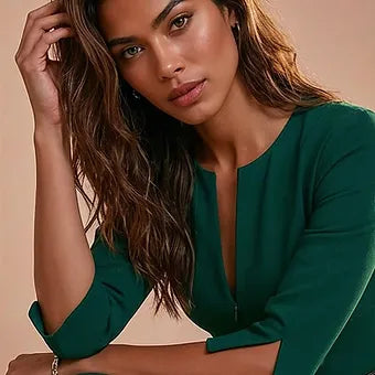 THE AUDRAY - dark green fitted sheath dress with 3/4 sleeves