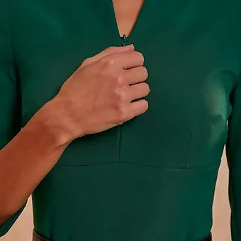 THE AUDRAY - dark green fitted sheath dress 3/4 sleeves and adjustable neckline