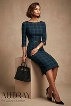 GINGER - dark green tartan mididress with 3/4 sleeves