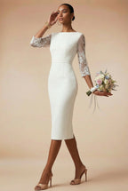 GINGER - light ivory fitted sheath dress with 3/4 lace sleeves
