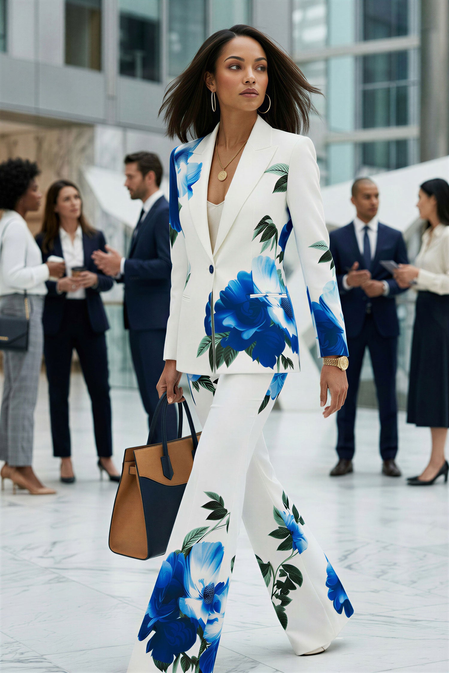 NEV - Elegant white blue floral Designer Pantsuit