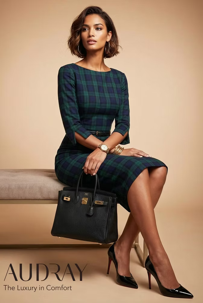 GINGER - dark green tartan mididress with 3/4 sleeves