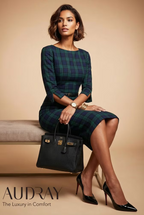 GINGER - dark green tartan mididress with 3/4 sleeves