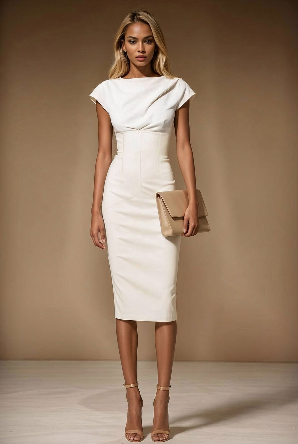 JACKIE - light ivory fitted midilength sheath dress