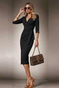 SCARLETT - black pinstripe midi dress with 3/4 sleeves
