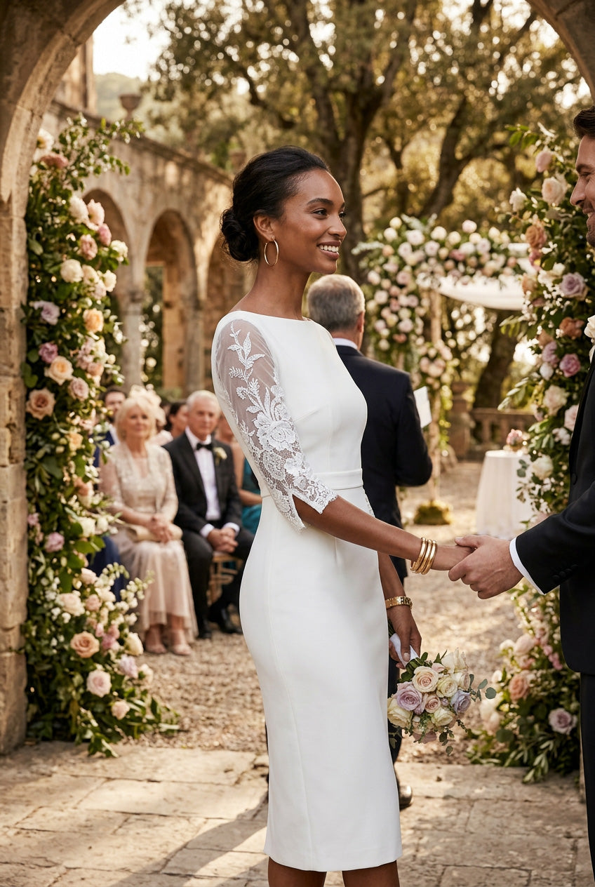 GINGER - light ivory fitted sheath dress with 3/4 lace sleeves
