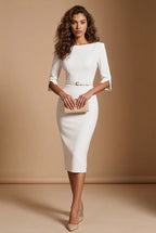 GINGER - light ivory fitted sheath dress with 3/4 sleeves