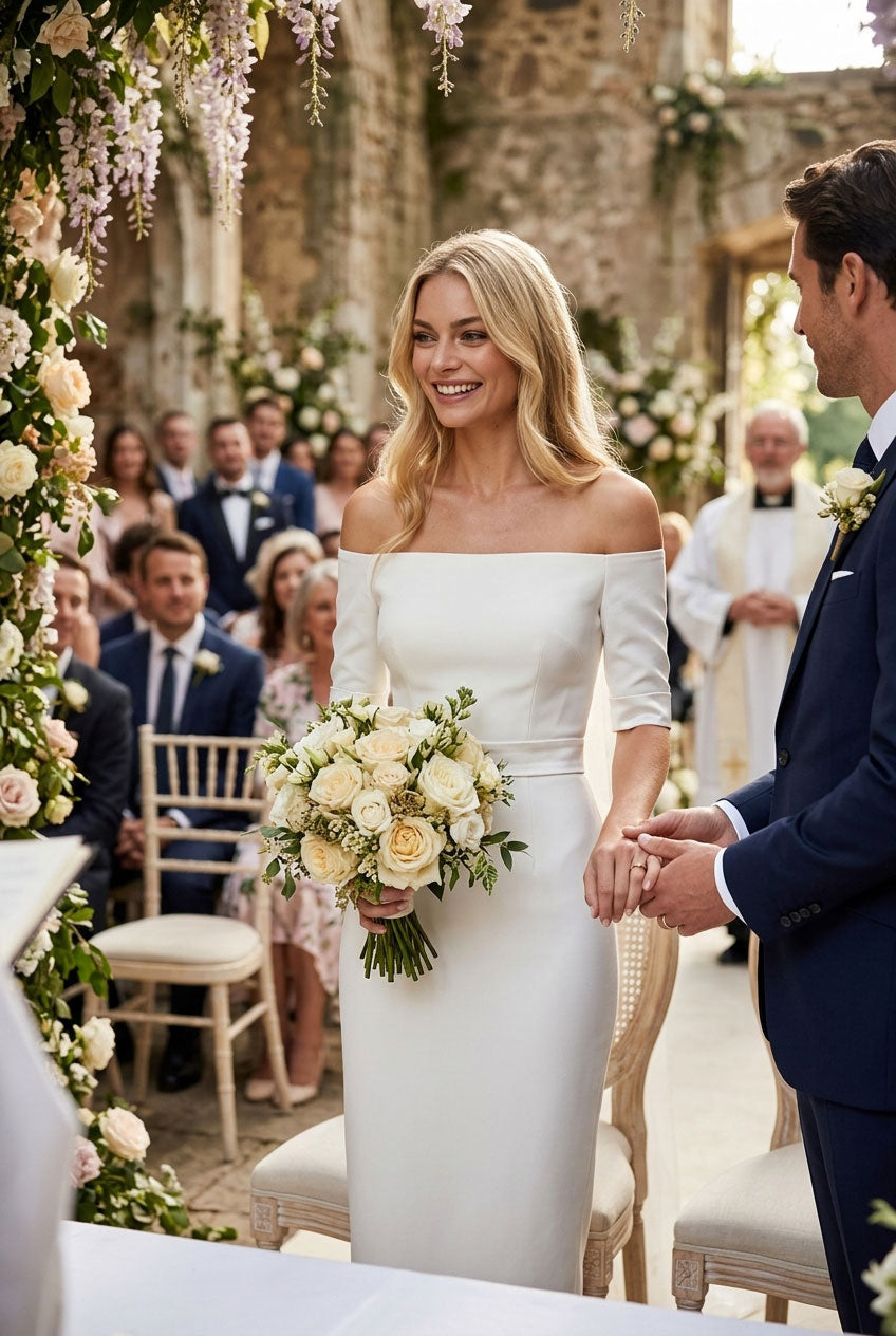 HALLE Ivory Sheath Wedding Ceremony Dress with 3/4 Sleeves by AUDRAY - image 10