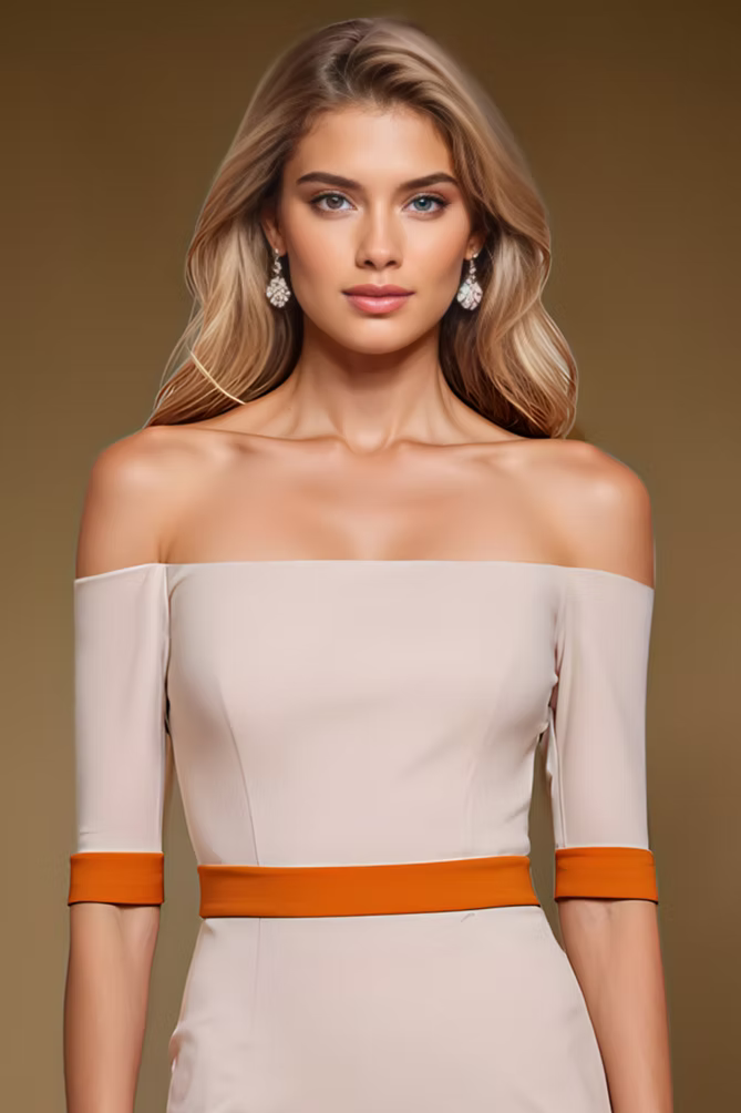 HALLE - Champagne / orange fitted sheath dress with 3/4 sleeves