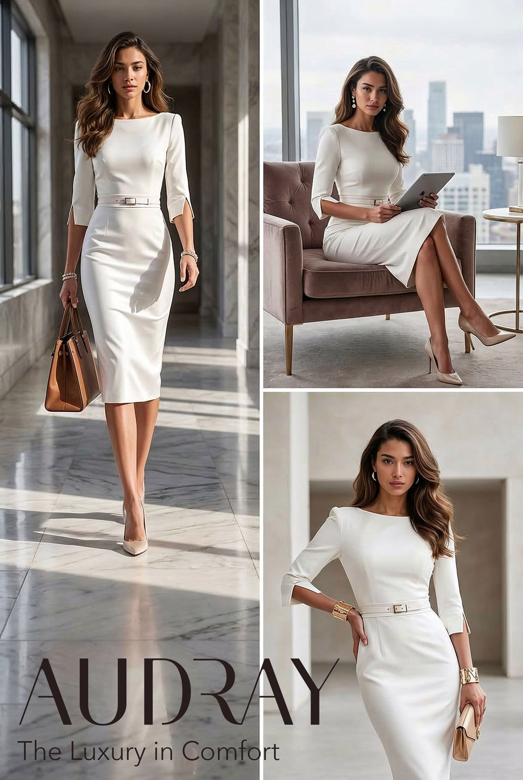 GINGER - light ivory fitted sheath dress with 3/4 sleeves