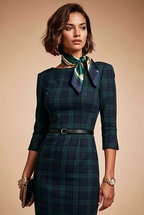 GINGER - dark green tartan mididress with 3/4 sleeves