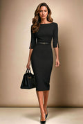 GINGER - black fitted sheath dress with sleeves