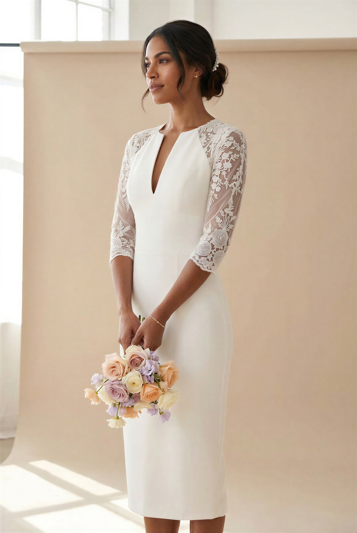 AVA - light ivory fitted wedding ceremony dress with sleeves
