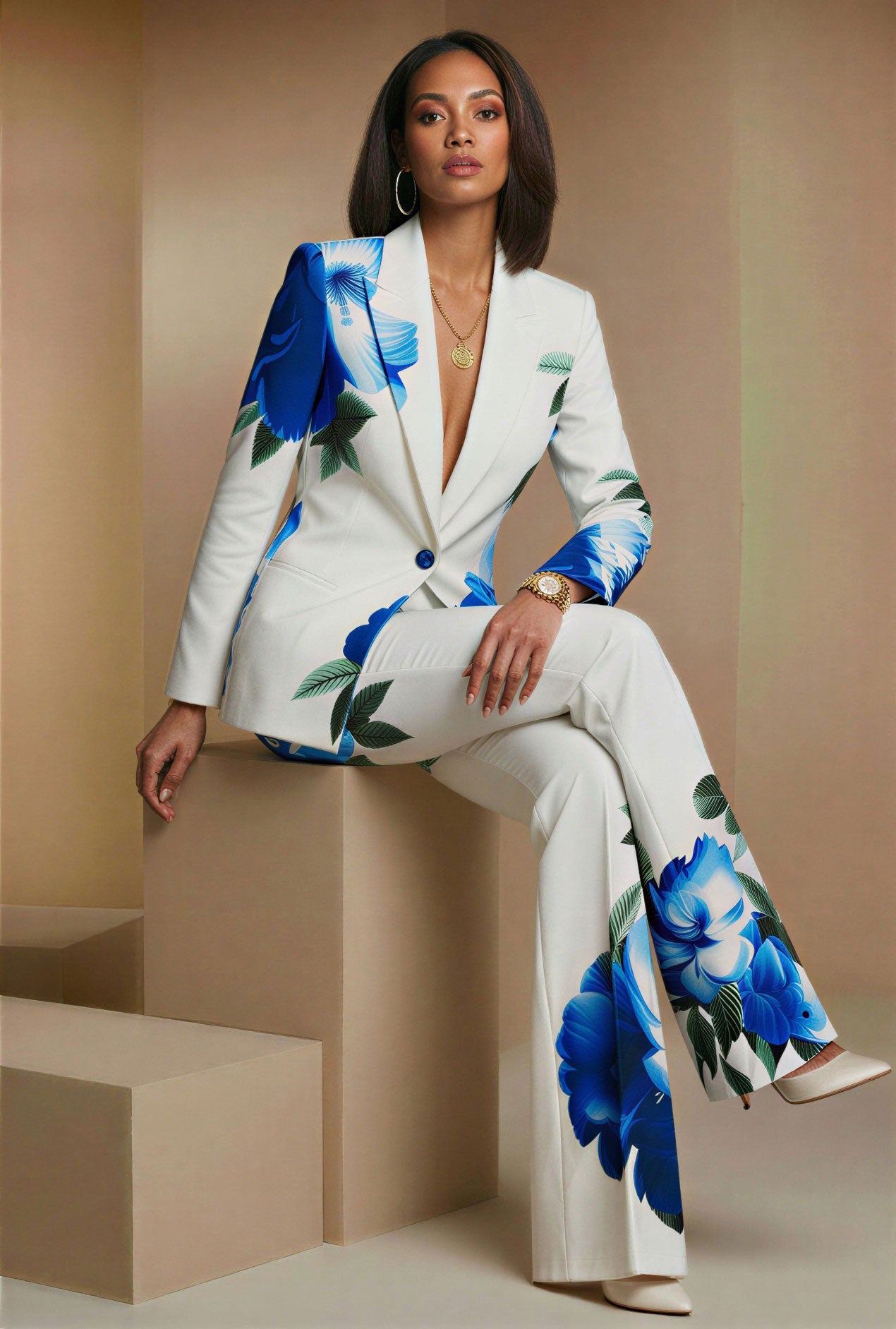NEV - Elegant white blue floral Designer Pantsuit