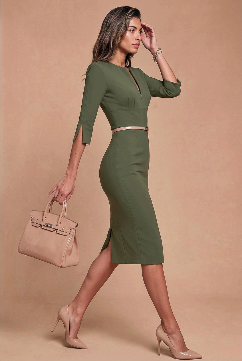 THE AUDRAY Olive Green Sheath Business Dress with 3/4 Sleeves by AUDRAY - image 7