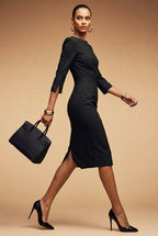 GINGER - black pinstripe sheath mididress with 3/4 sleeves