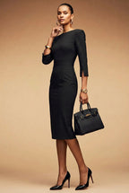 GINGER - black pinstripe sheath mididress with 3/4 sleeves