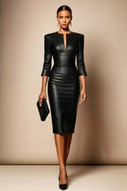 SHARON - black fitted vegan leather dress with 3/4 sleeves