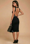 MONROE - black vegan leather detail sheath mididress