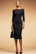GINGER - black pinstripe sheath mididress with 3/4 sleeves
