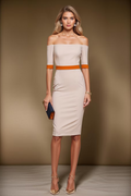 HALLE - Champagne / orange fitted sheath dress with 3/4 sleeves