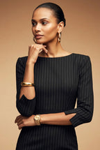 GINGER - black pinstripe sheath mididress with 3/4 sleeves