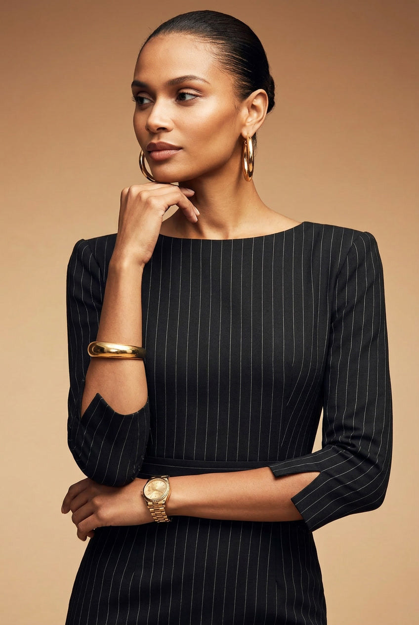 GINGER - black pinstripe sheath mididress with 3/4 sleeves
