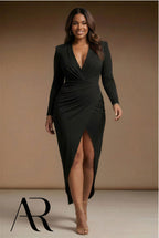 ELIZABETH - elegant black curvy fitted evening dress with sleeves
