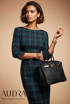 GINGER - dark green tartan mididress with 3/4 sleeves