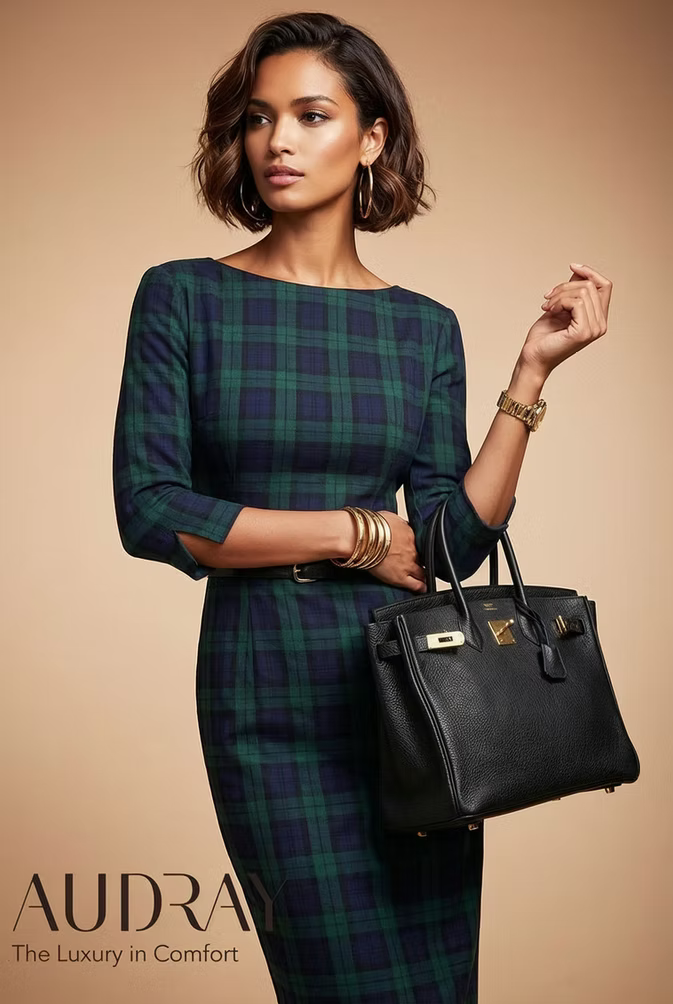 GINGER - dark green tartan mididress with 3/4 sleeves