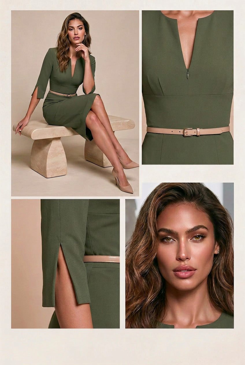 THE AUDRAY Olive Green Sheath Business Dress with 3/4 Sleeves by AUDRAY - image 4