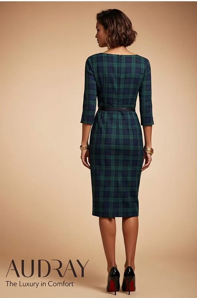 GINGER - dark green tartan mididress with 3/4 sleeves