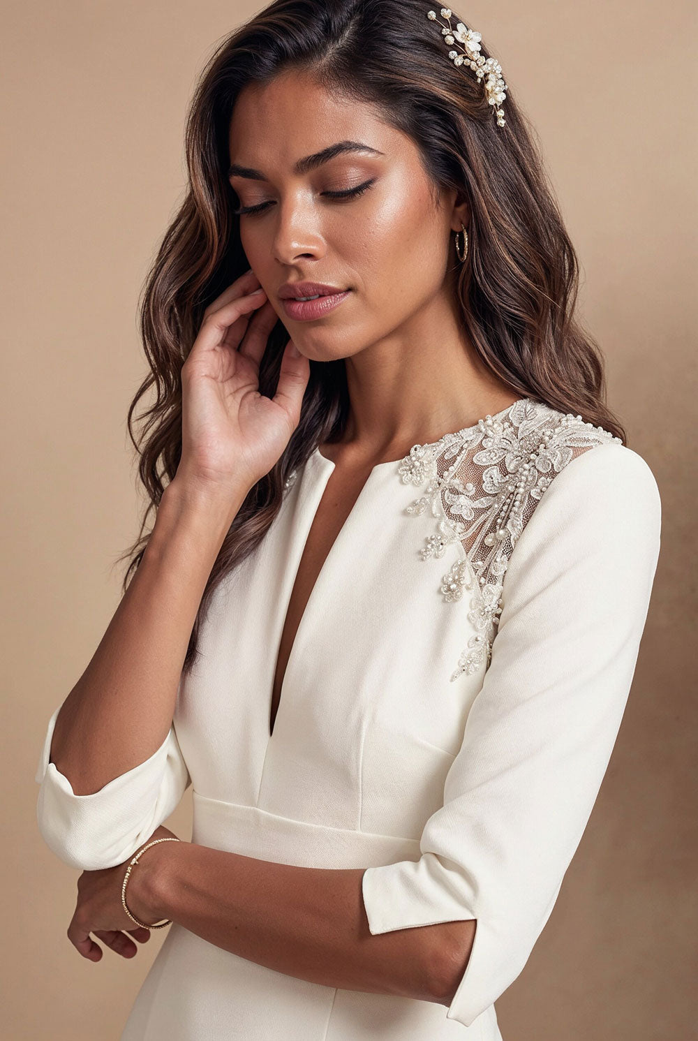 AVA - light ivory fitted wedding ceremony dress with sleeves