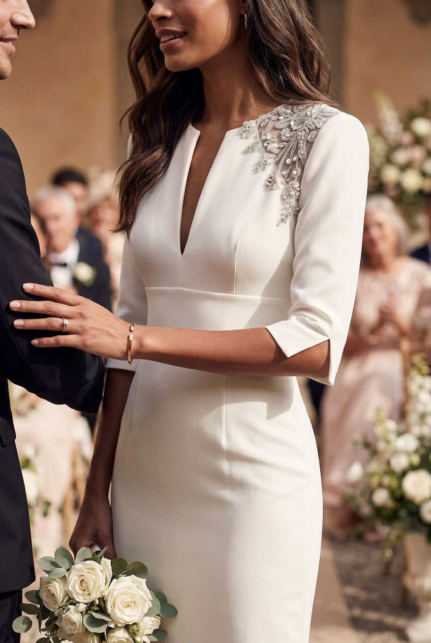 AVA - light ivory fitted wedding ceremony dress with sleeves