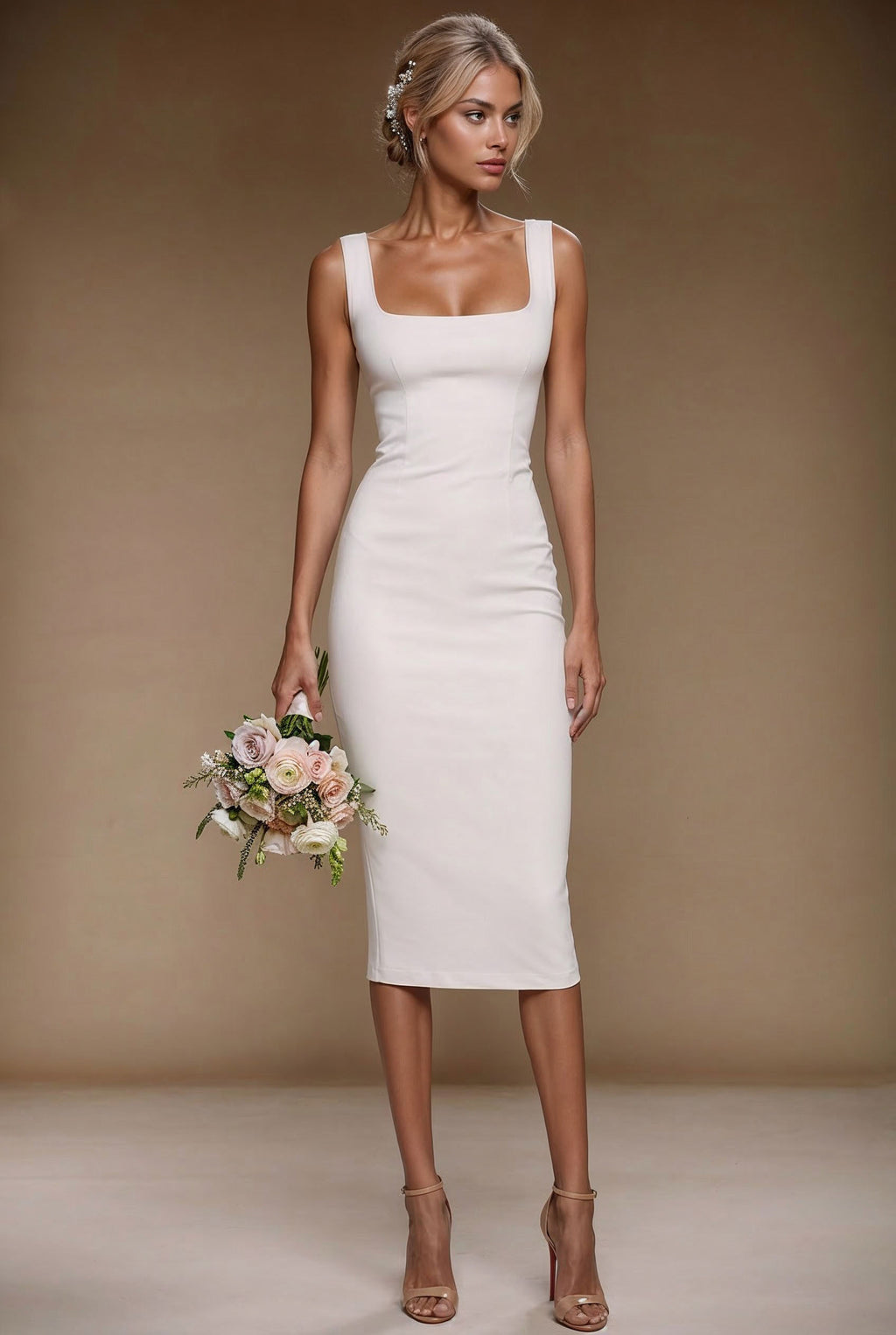 Brigitte - light ivory fitted wedding ceremony sheath mididress