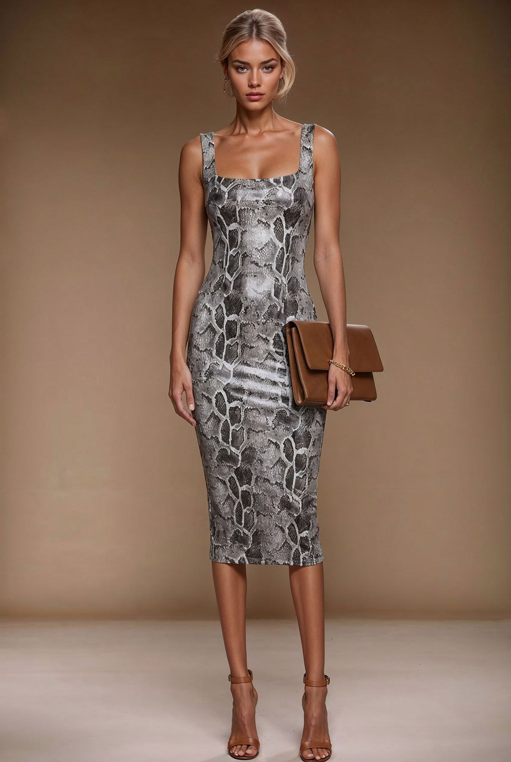 BRIGITTE - faux snake skin leather fitted midi-dress