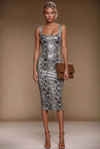 BRIGITTE - faux snake skin leather fitted midi-dress