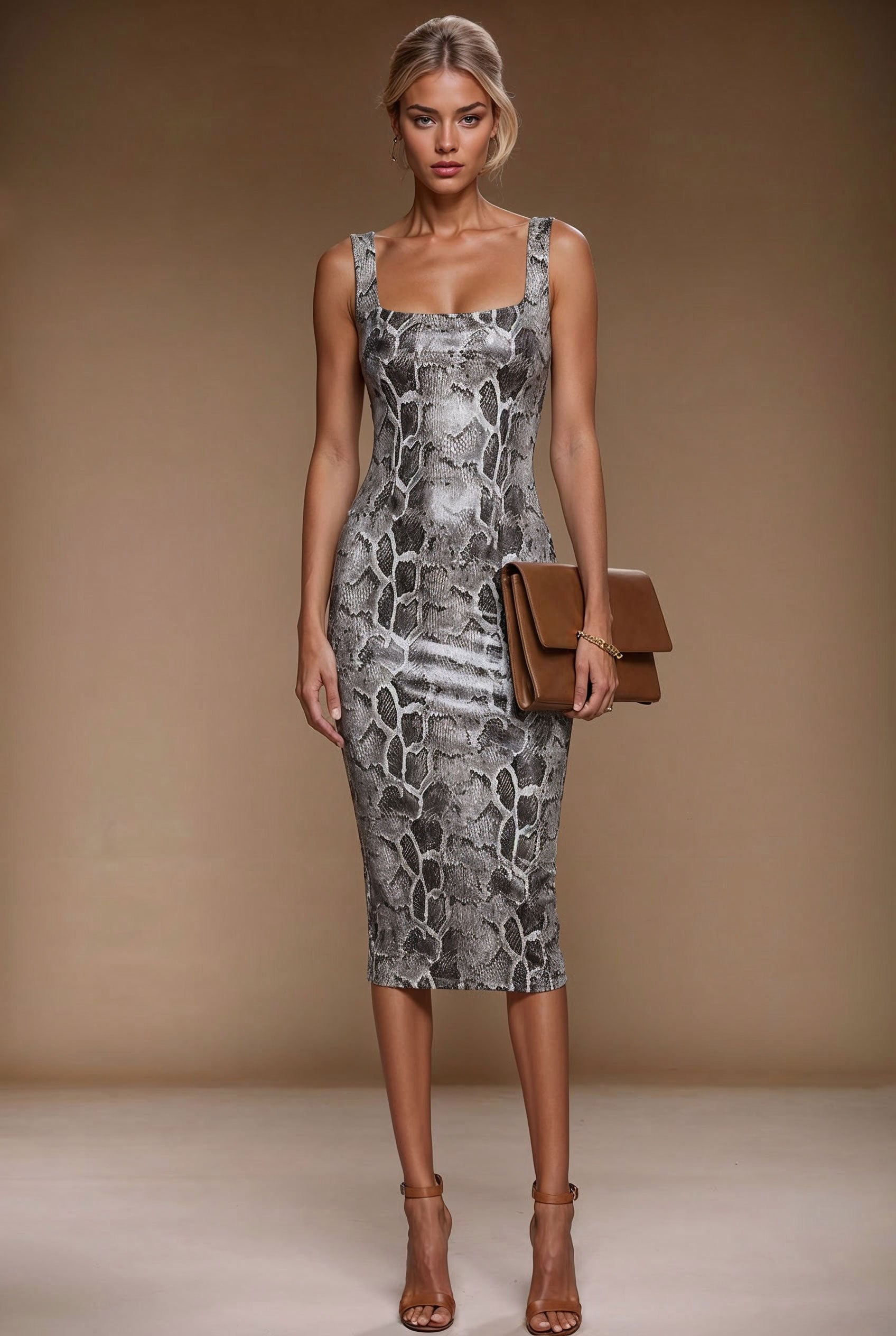 BRIGITTE - faux snake skin leather fitted midi-dress