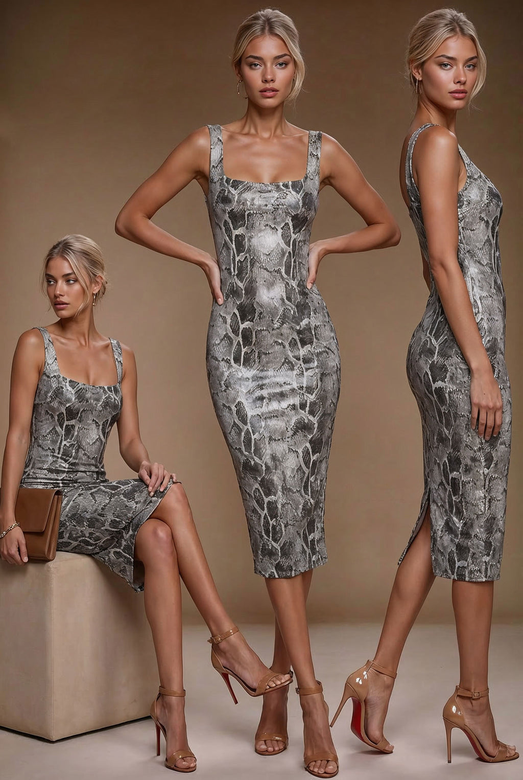 BRIGITTE - faux snake skin leather fitted midi-dress