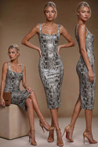 BRIGITTE - faux snake skin leather fitted midi-dress