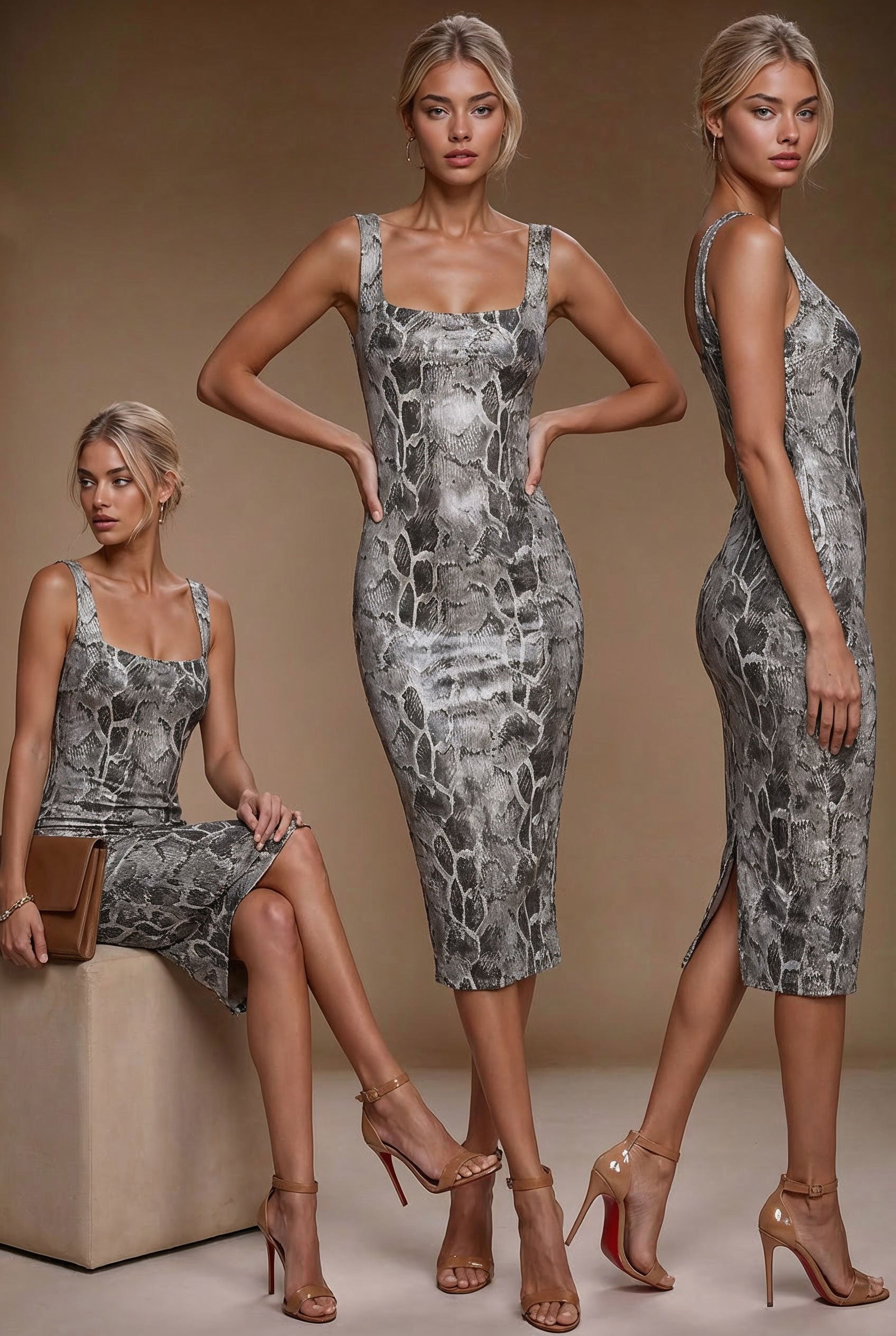 BRIGITTE - faux snake skin leather fitted midi-dress